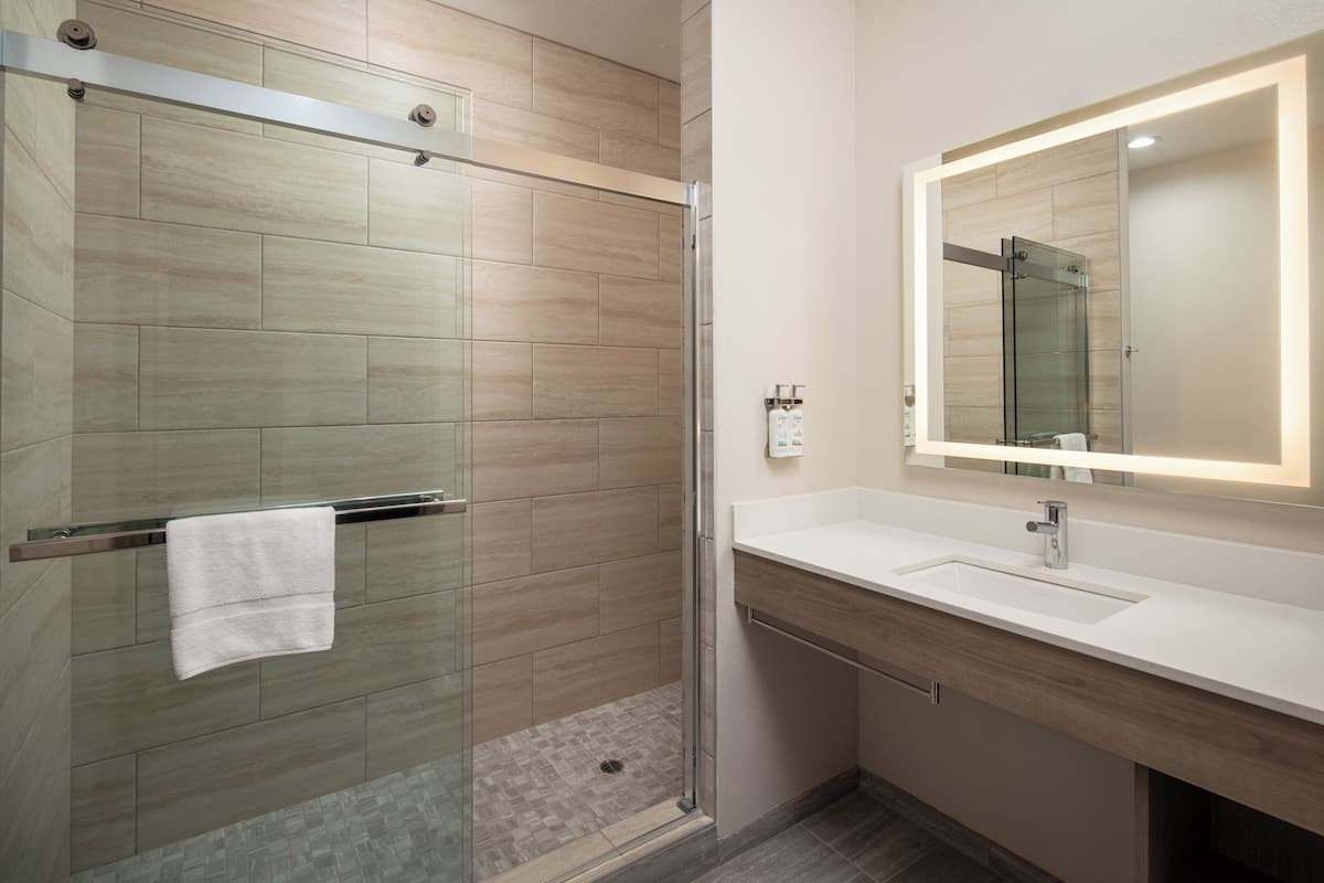 Combined shower/bathtub, hair dryer, towels