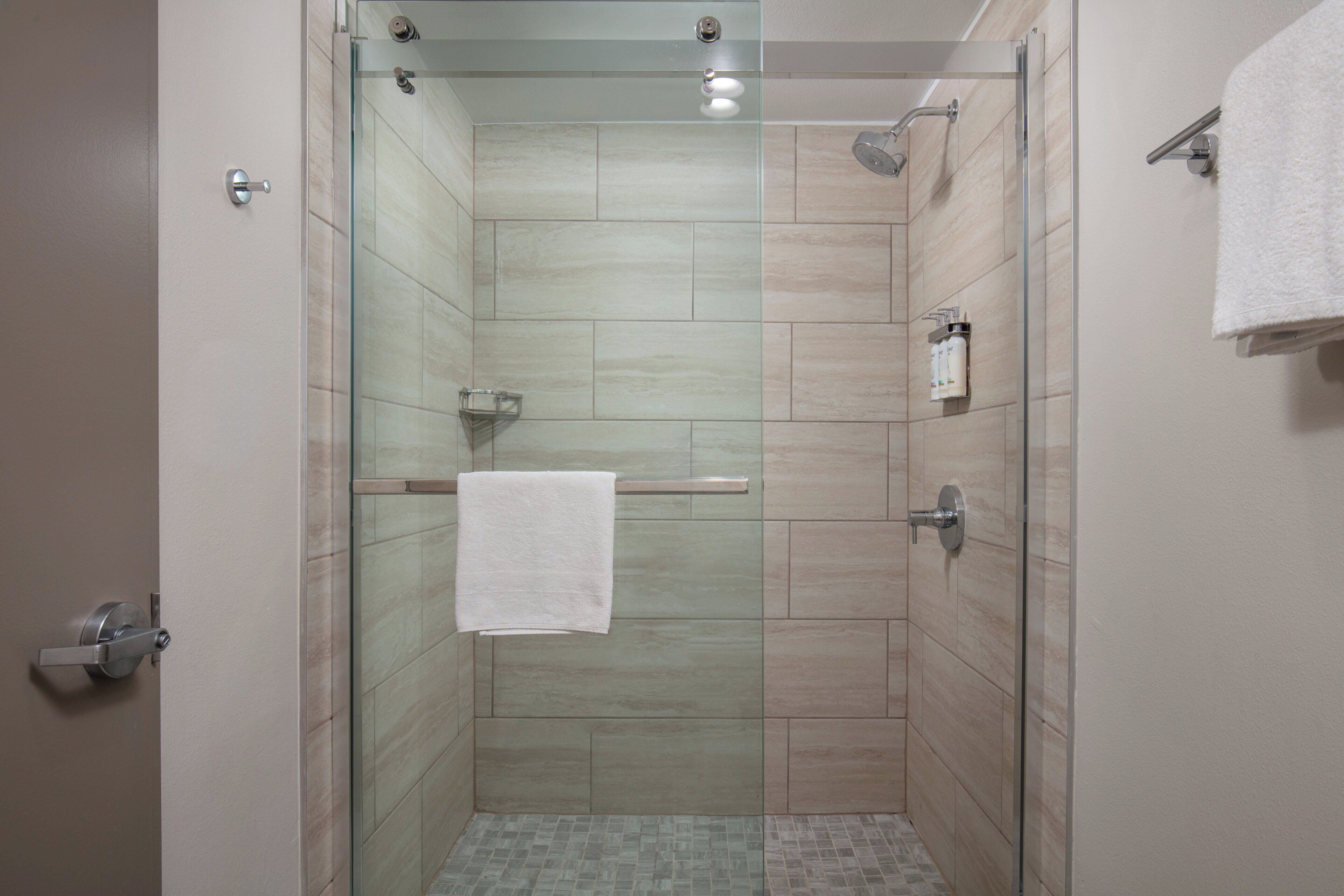 Combined shower/tub, hair dryer, towels