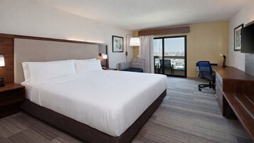 A hotel room with a large bed, a desk, a chair, a TV, and a view of the city through the window.