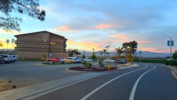 A multi-story hotel with a parking lot, a roundabout, and palm trees.