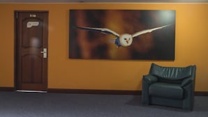 A room with a door labeled '518 Penguins', a large painting of a bird in flight, and a dark green leather chair. - Hotel Plaza Rosa (Medellin)