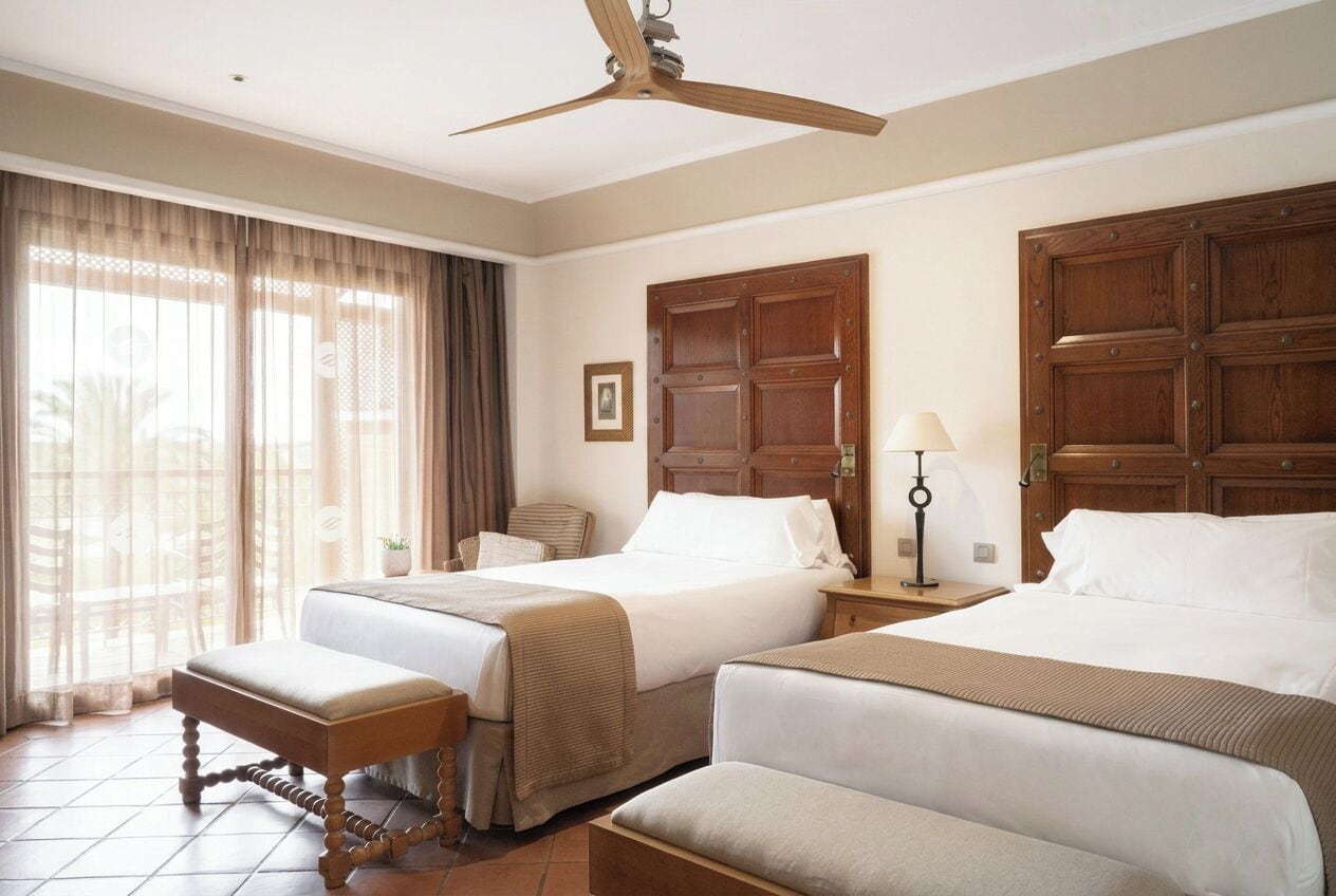 Een hotelkamer met twee bedden, een plafondventilator, een grote houten deur en een raam met gordijnen.