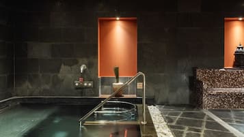 Un espace de détente avec un jacuzzi, une petite plante et un mur carrelé.