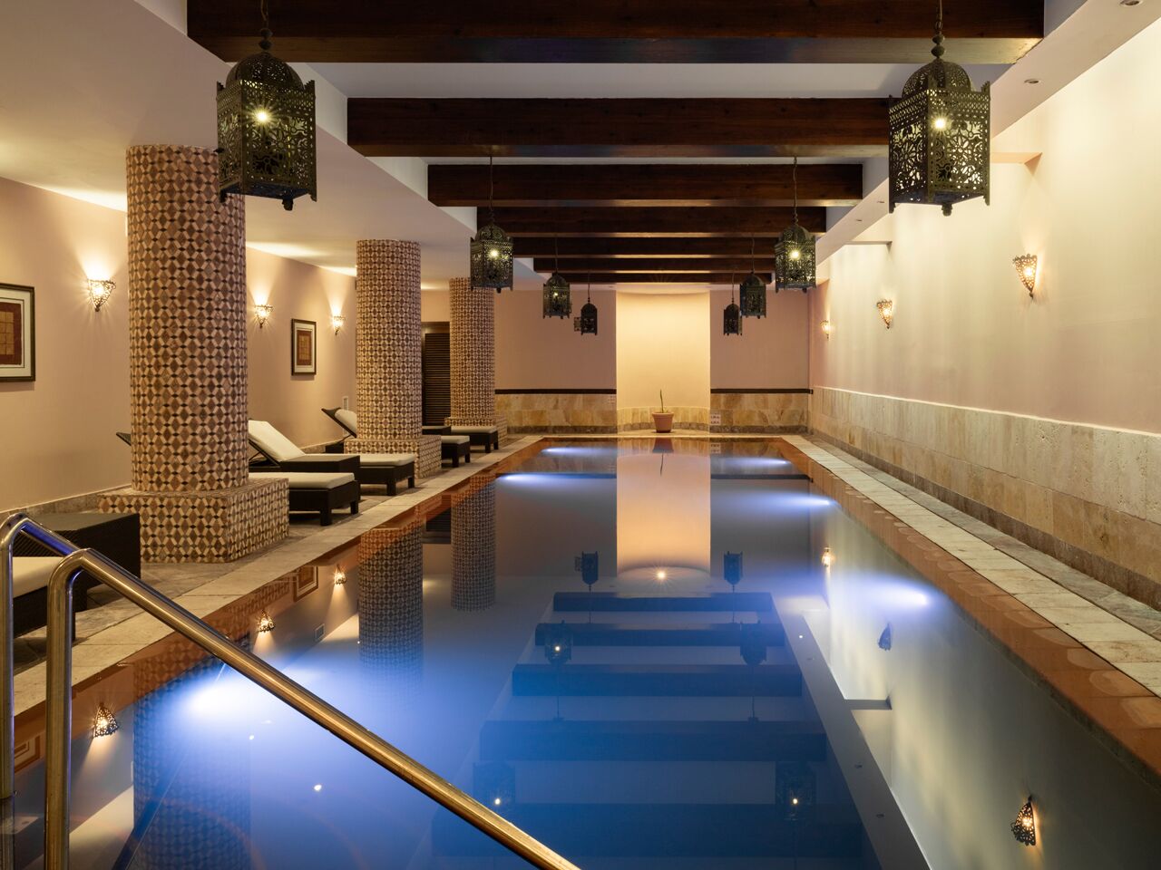 Indoor pool, outdoor pool, pool loungers