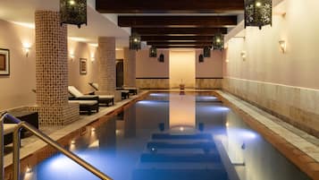 Indoor pool, outdoor pool, pool loungers