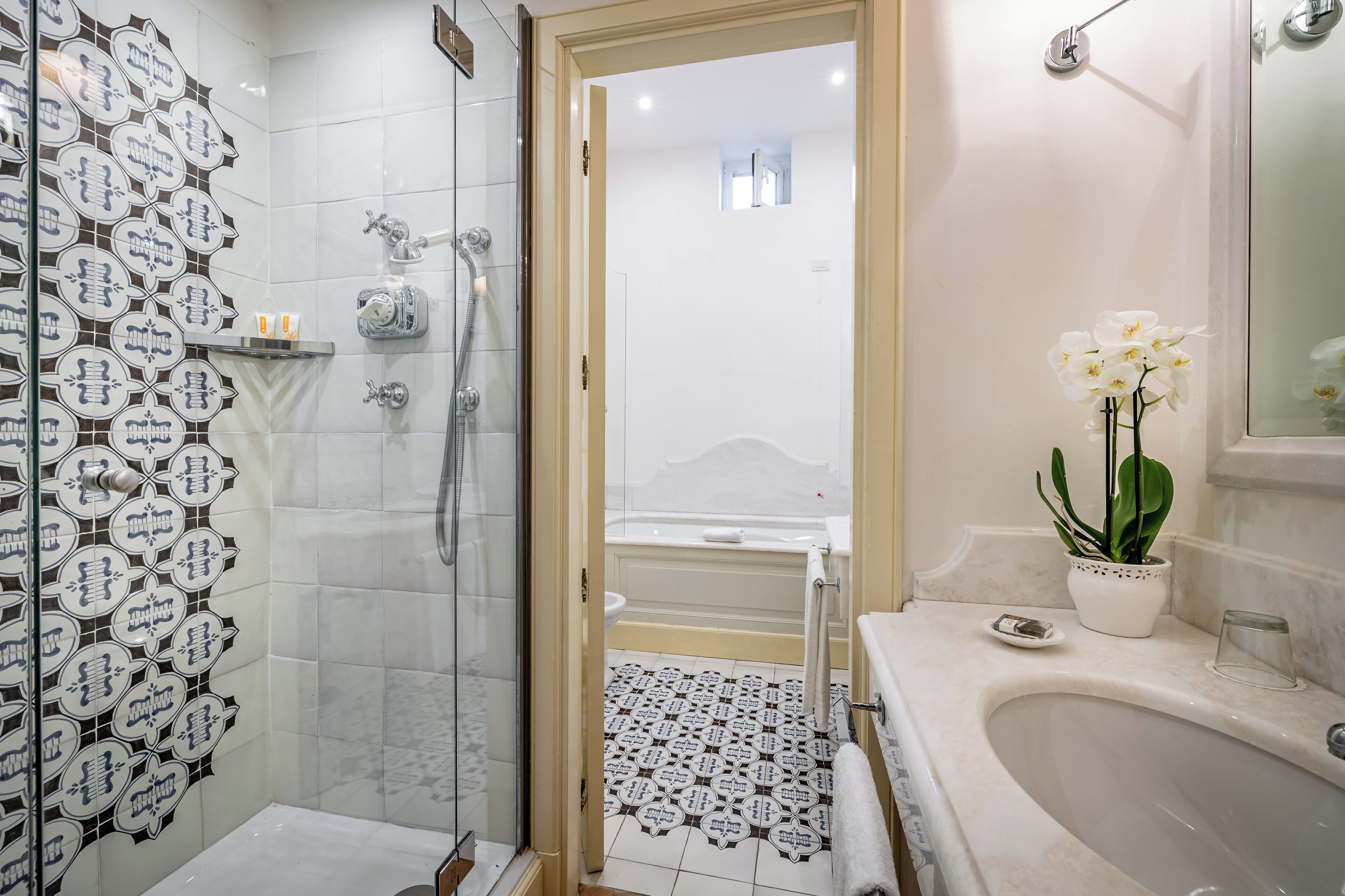 A bathroom with a shower, a bathtub, a sink, and a potted plant.