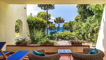 A terrace with wicker furniture, potted plants, and a view of the sea.