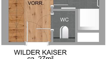 En plantegning af et hotelværelse med balkon, stue, soveværelse, badeværelse, køkken og spiseområde.