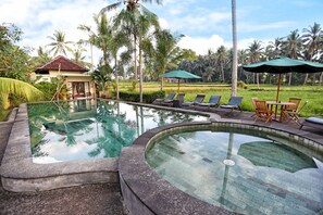 Alberca techada y alberca al aire libre