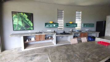 A kitchen with a marble countertop, built-in shelves, and a large green leaf painting.