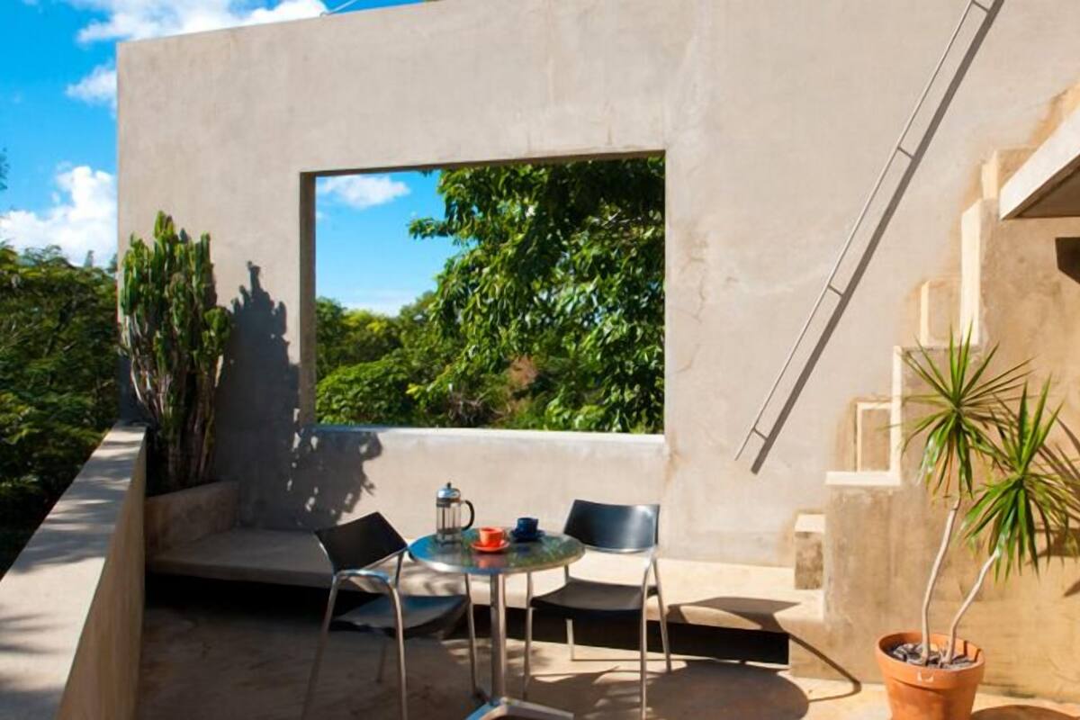 An outdoor seating area with a table and chairs, a potted plant, and a view of greenery.