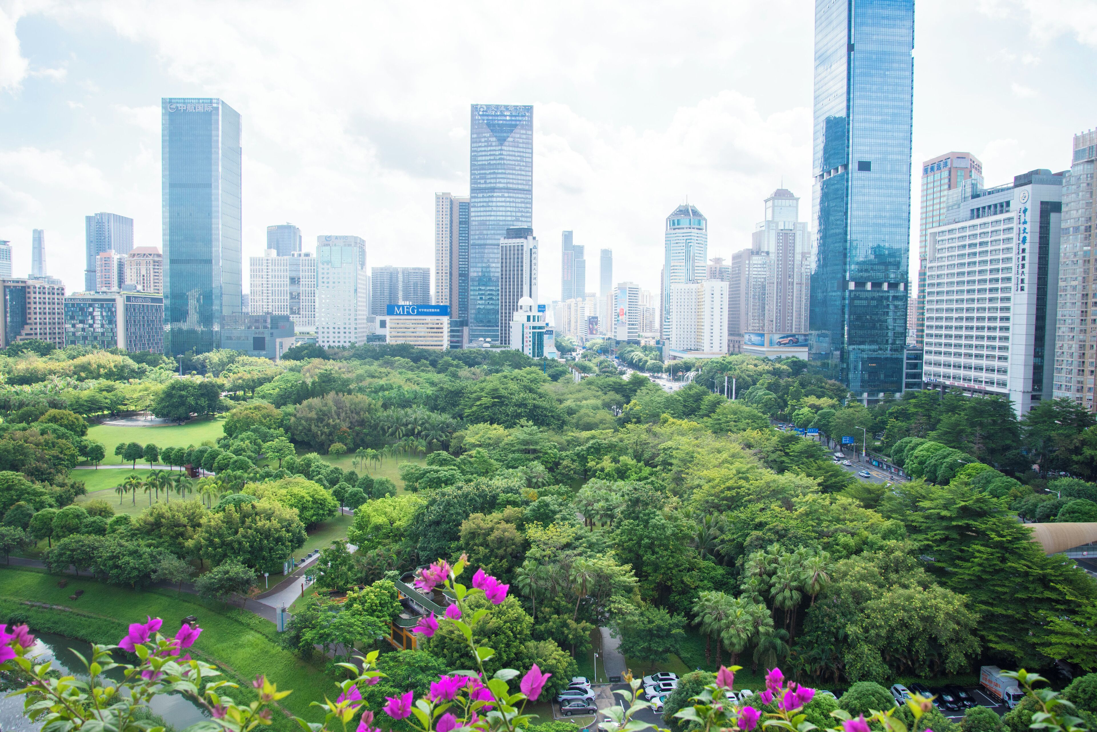 A cityscape with modern high-rise buildings and a lush green park area.