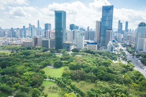 A cityscape with modern skyscrapers and a park area.