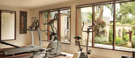 A home gym with exercise equipment, large windows, and a view of greenery.