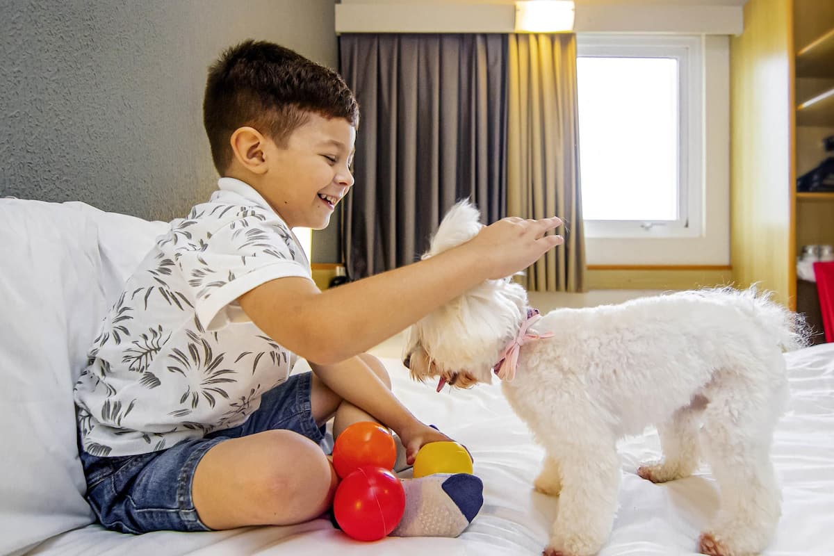 Un niño sentado en una cama con un perro blanco y esponjoso, una ventana con cortinas y una vista parcial de una habitación con cama y mesita de noche.