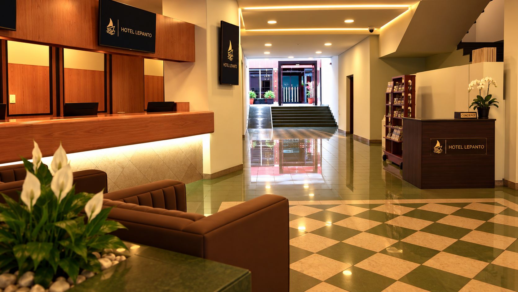 Zona de recepción de un hotel, con mostrador de registro, área de descanso y una escalera que conduce a los pisos superiores.