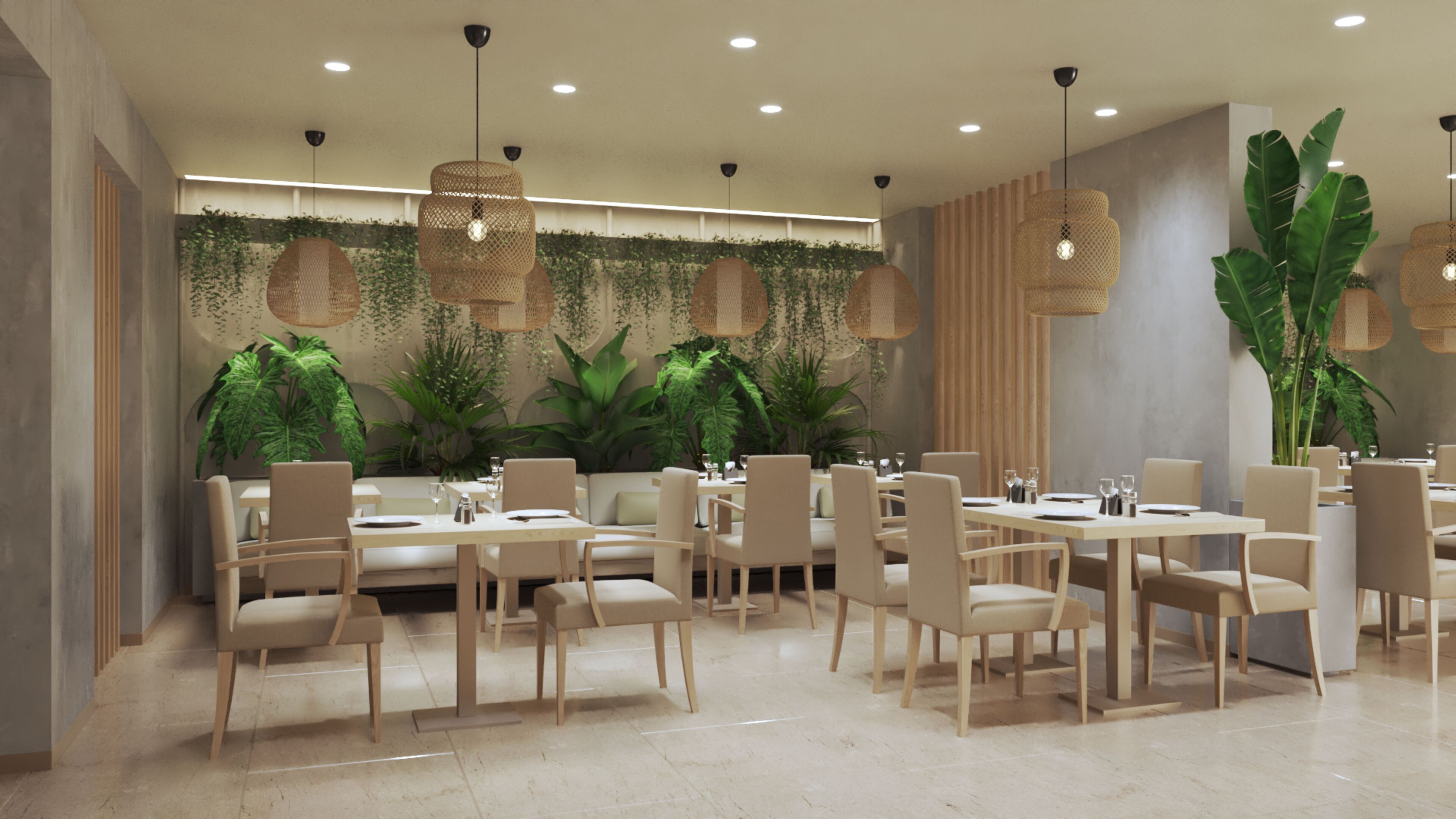 A modern dining area with multiple tables and chairs, recessed ceiling lighting, and green plants.