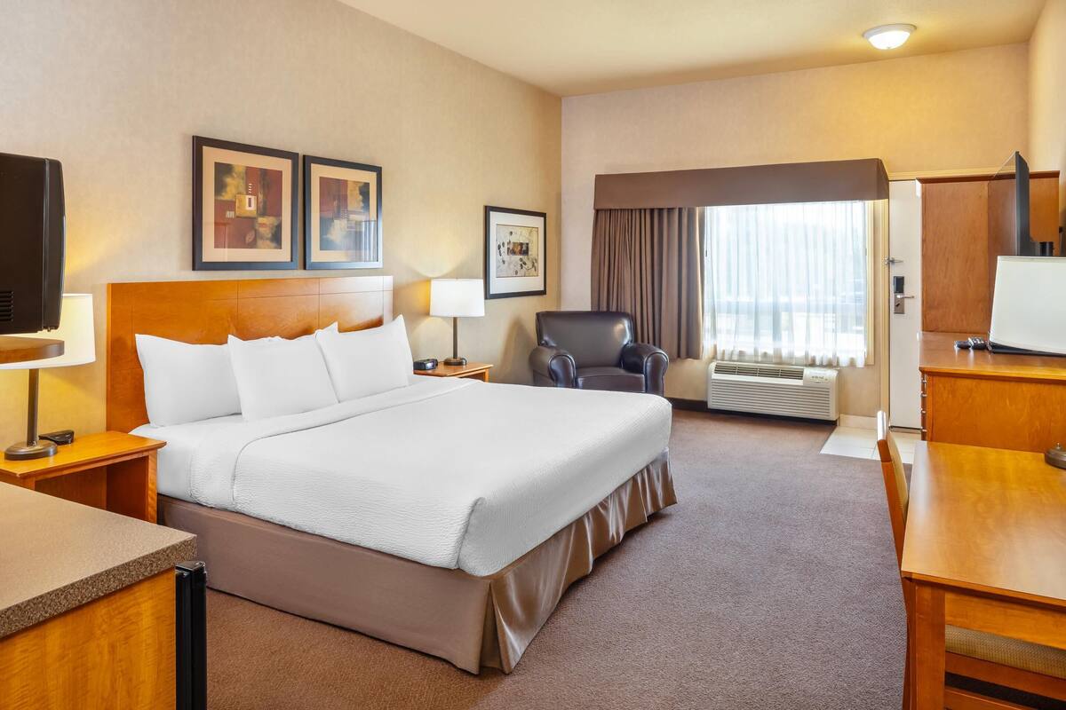 Une chambre d’hôtel avec un grand lit, un bureau, une chaise et un téléviseur.