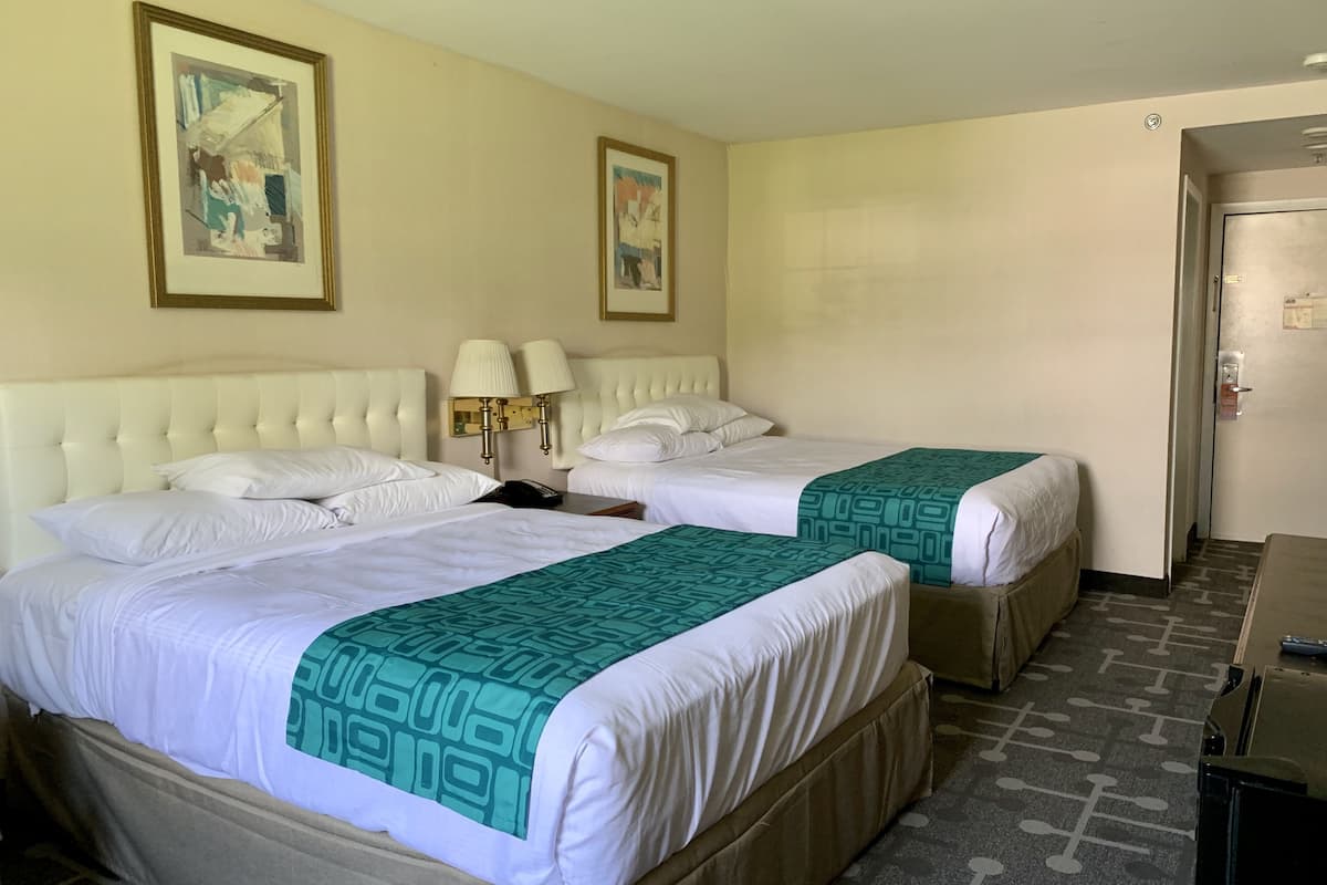 Habitación de hotel con dos camas, cada una con ropa blanca y una manta verde estampada. Dos lámparas de pared sobre una mesita de noche entre las camas. Las paredes son de color crema y hay una puerta a la derecha.