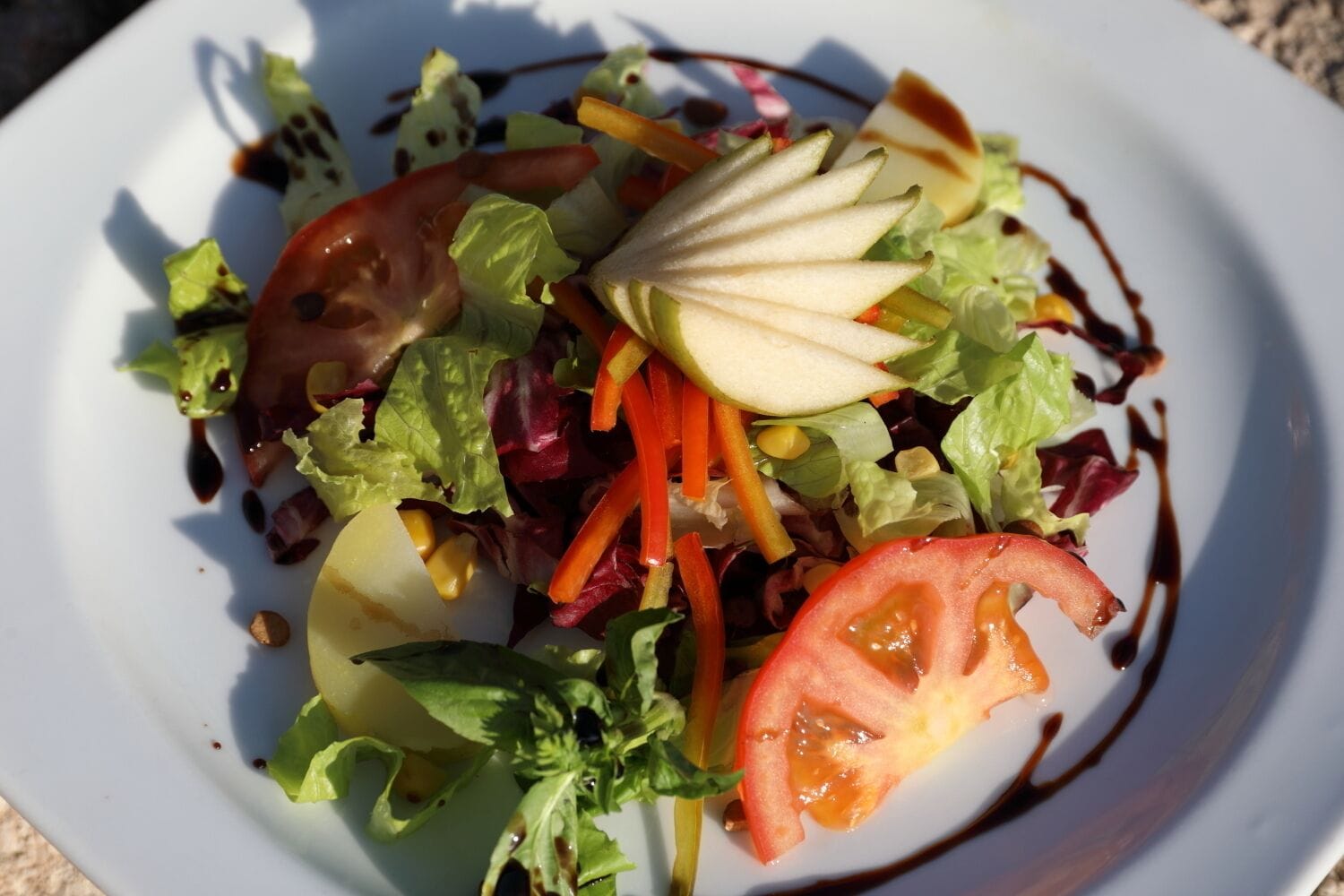 A salad with various vegetables and a drizzle of sauce on a white plate.