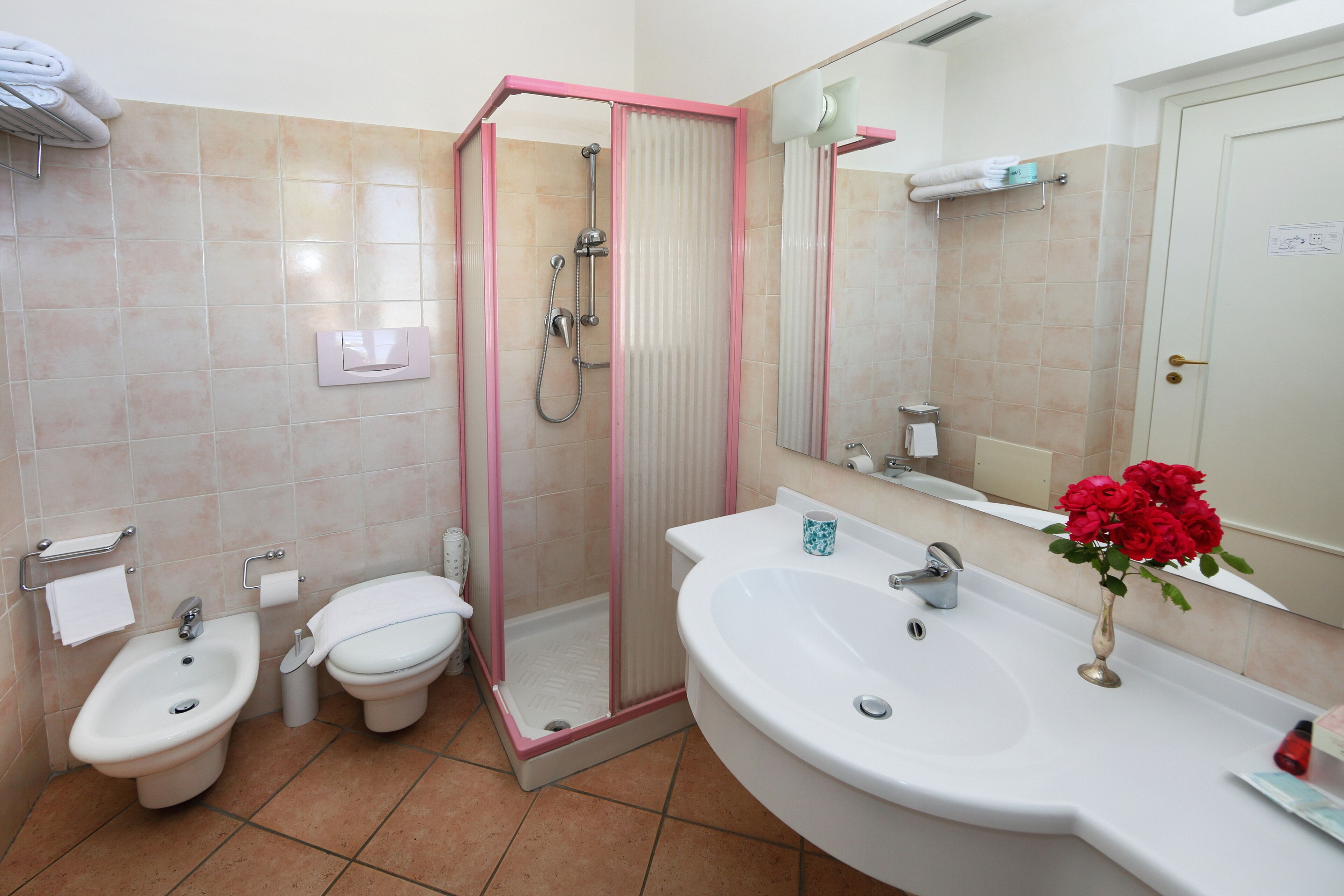 Ein Badezimmer mit Duschkabine, Bidet, Toilette, Waschbecken und Spiegel.