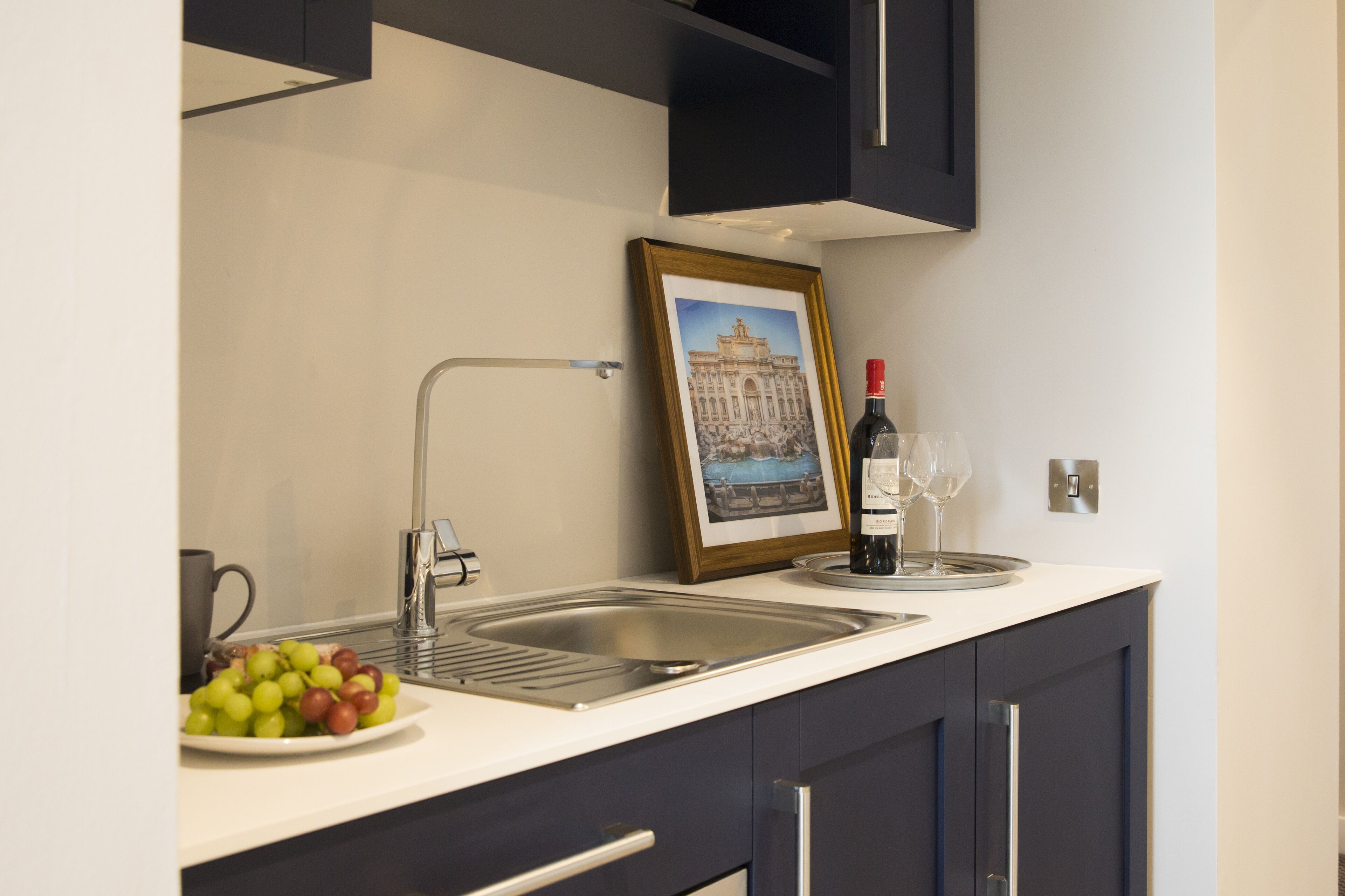 Une cuisine moderne avec un évier à deux bacs, une bouteille de vin et un tableau encadré posé sur le plan de travail.