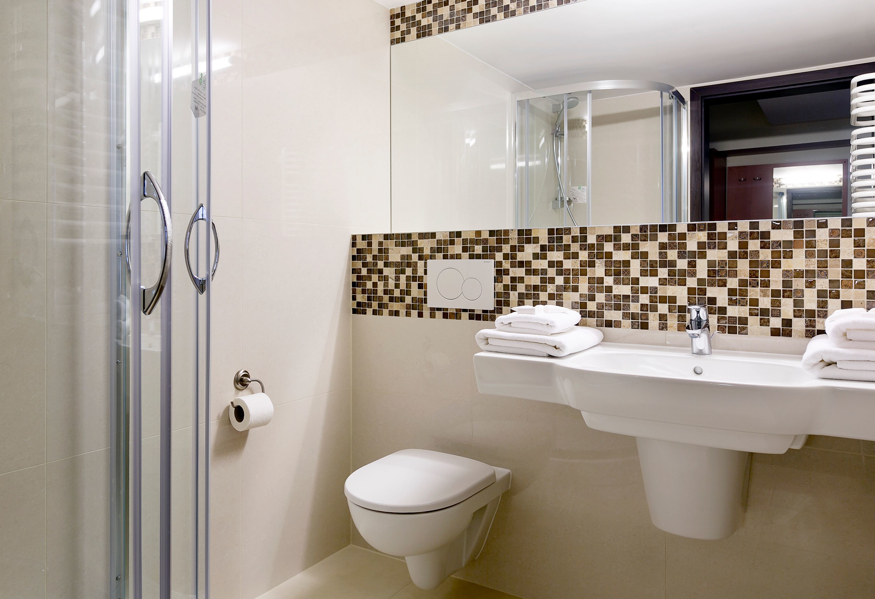 deluxe double room | bathroom | shower, free toiletries, hair dryer, towels