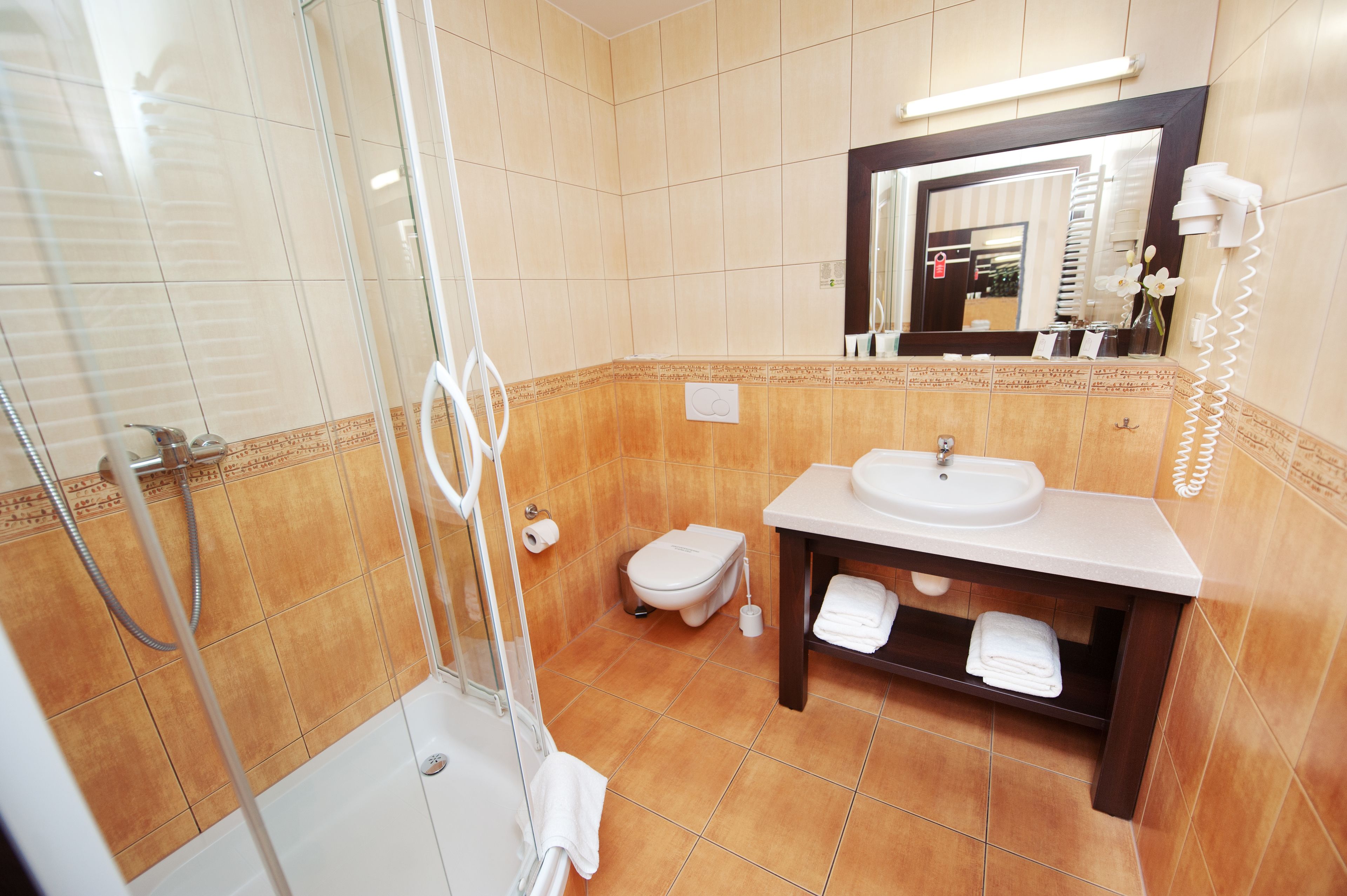 superior double room | bathroom | shower, free toiletries, hair dryer, towels