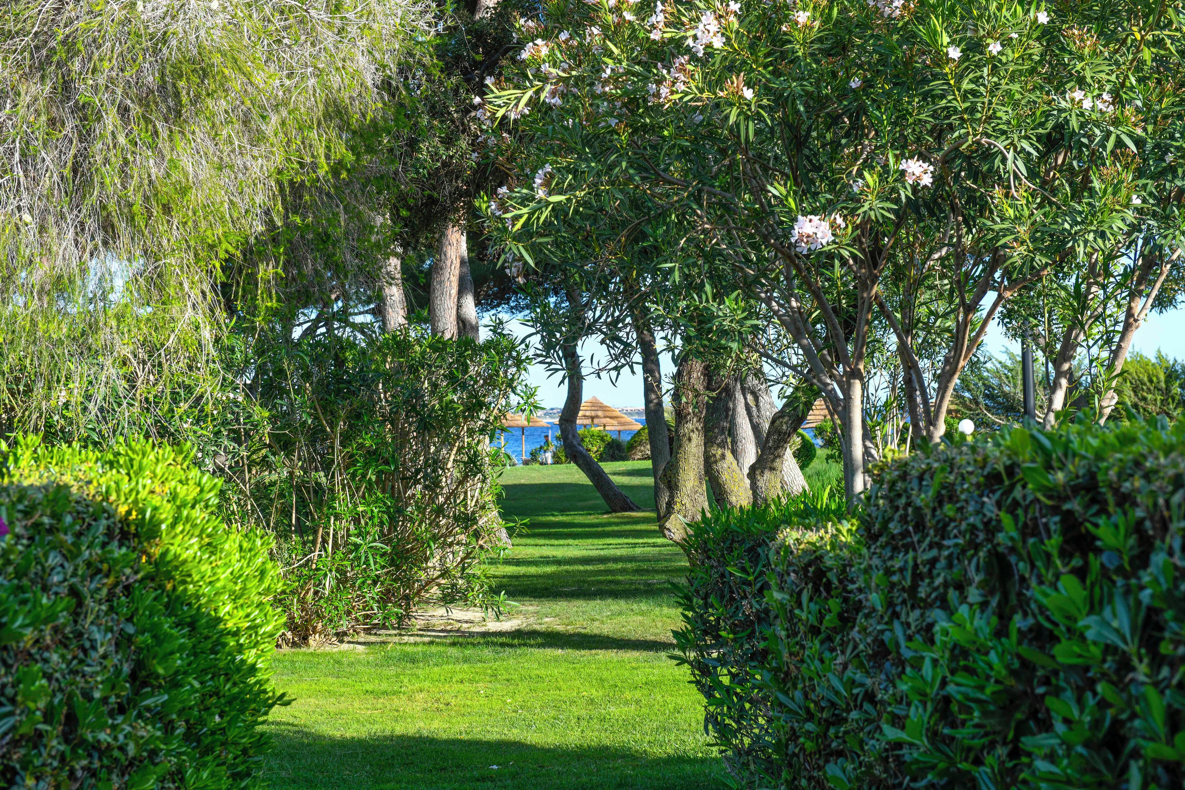 A well-maintained garden pathway leading to a seating area with a view of the sea.