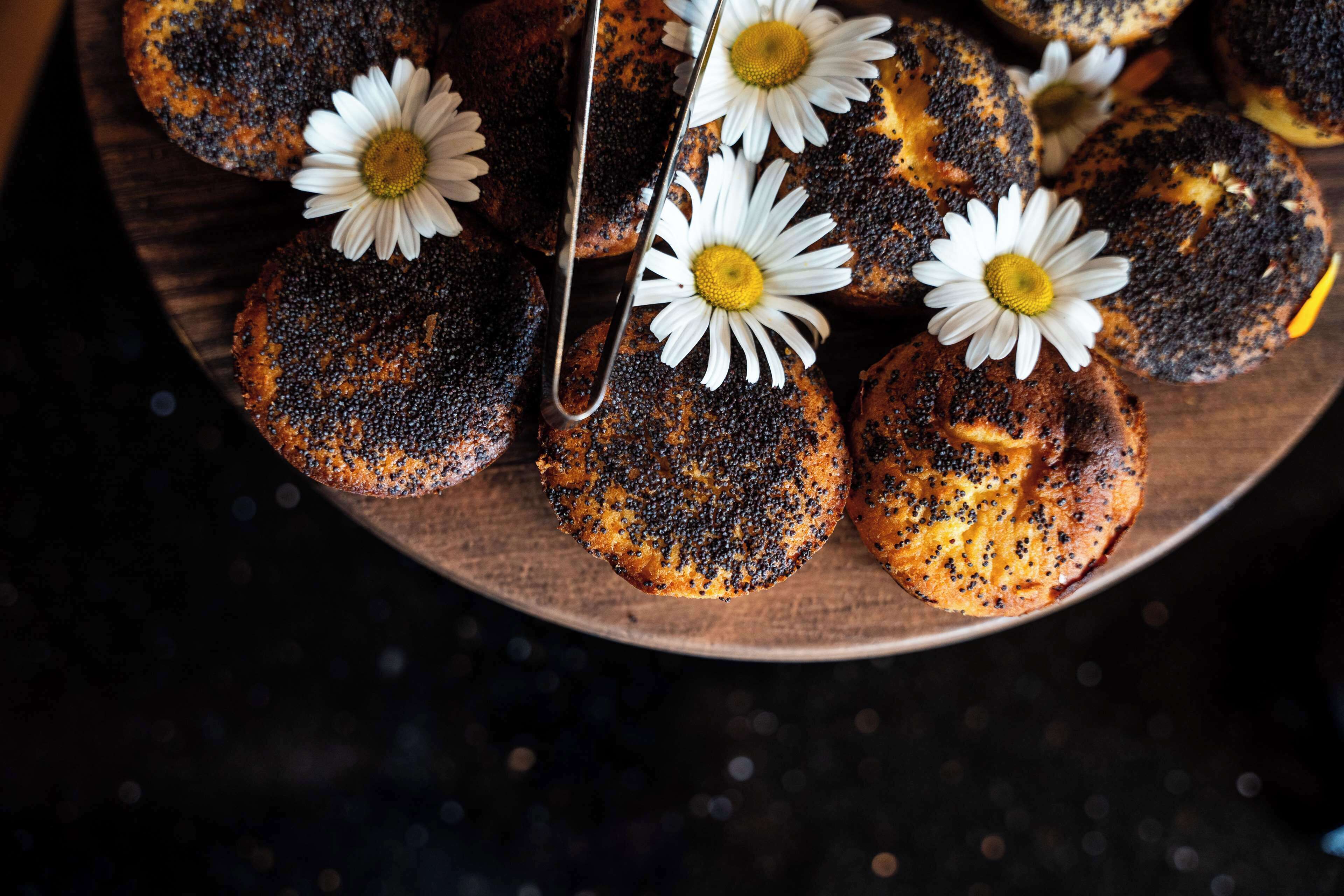 A wooden tray with several round, dark-colored baked goods topped with white flowers.
