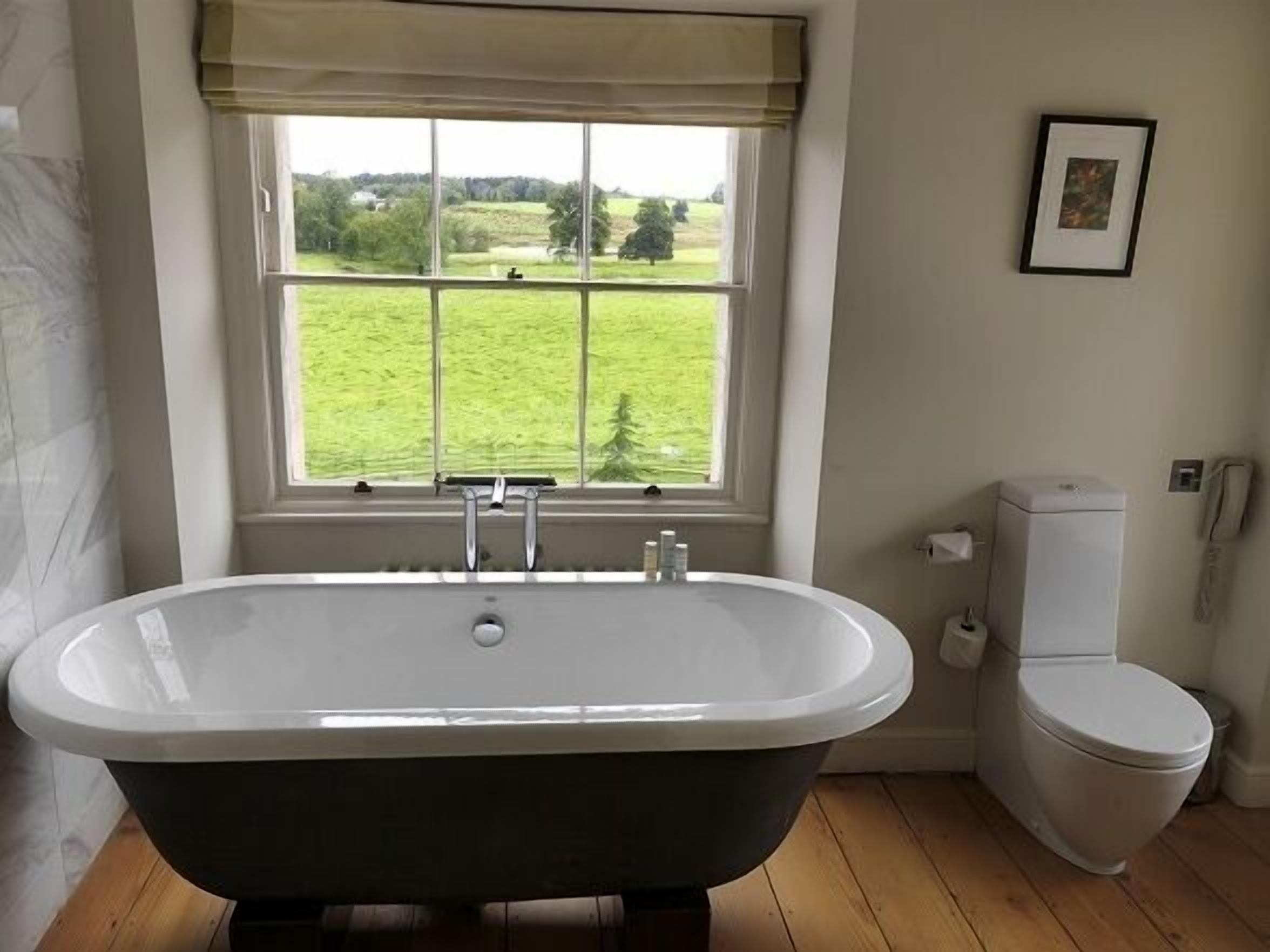 A bathroom with a freestanding bathtub, a toilet, and a window with a view of a green field.