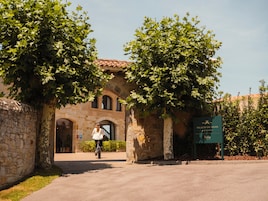 A stone building with a tiled roof, a sign for 'Palacio de Luces,' and a person riding a bicycle.