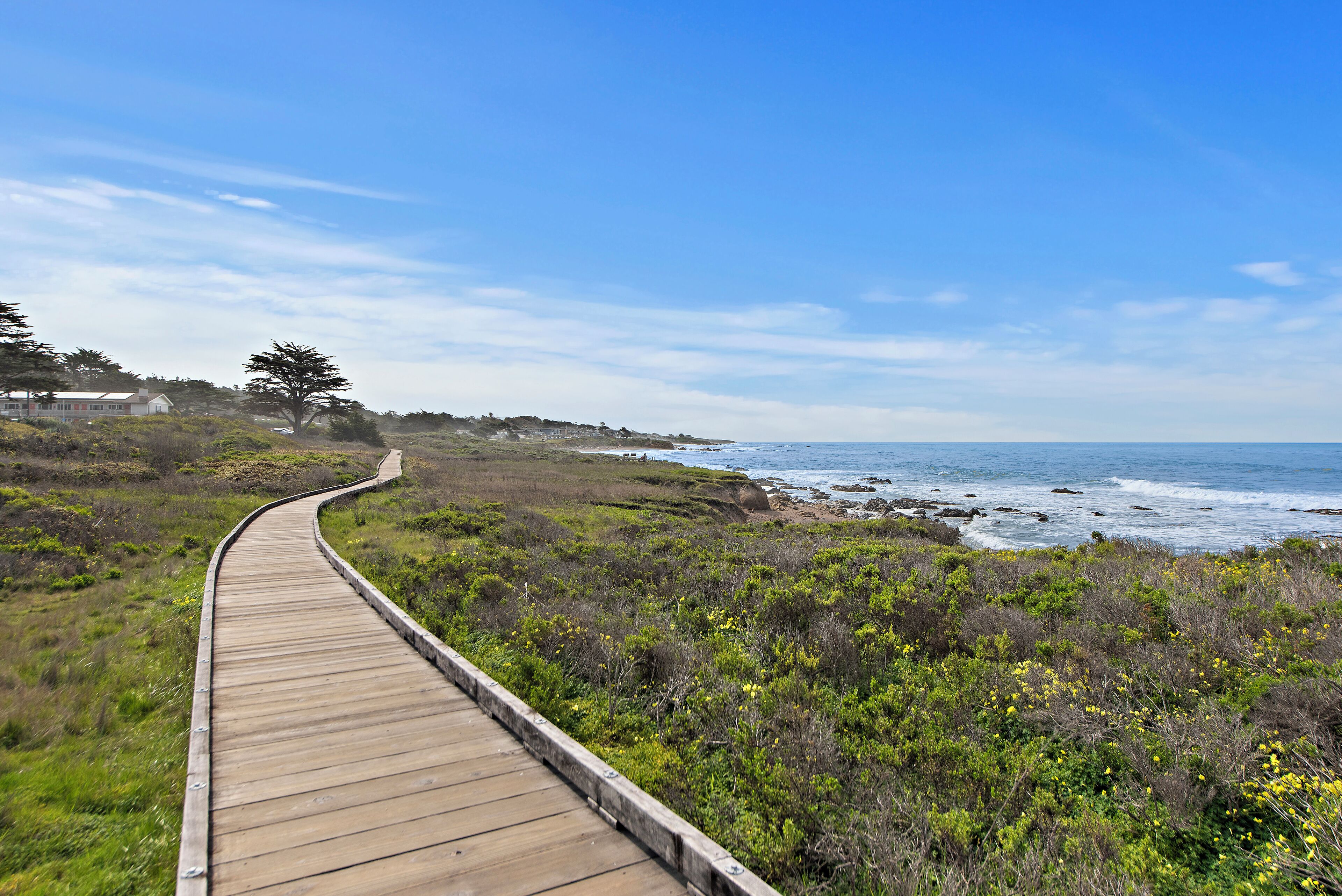 A wooden boardwalk along a coastal area with a view of the ocean and a grassy landscape.