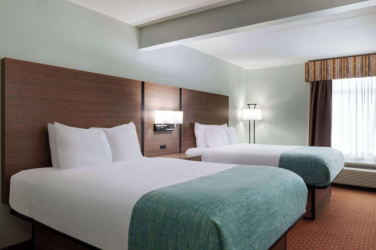 Une chambre d’hôtel avec deux lits, une tête de lit en bois, une table de chevet avec une lampe et une grande fenêtre avec des rideaux.