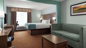 A hotel room with a bed, a sofa, a desk, and a TV.