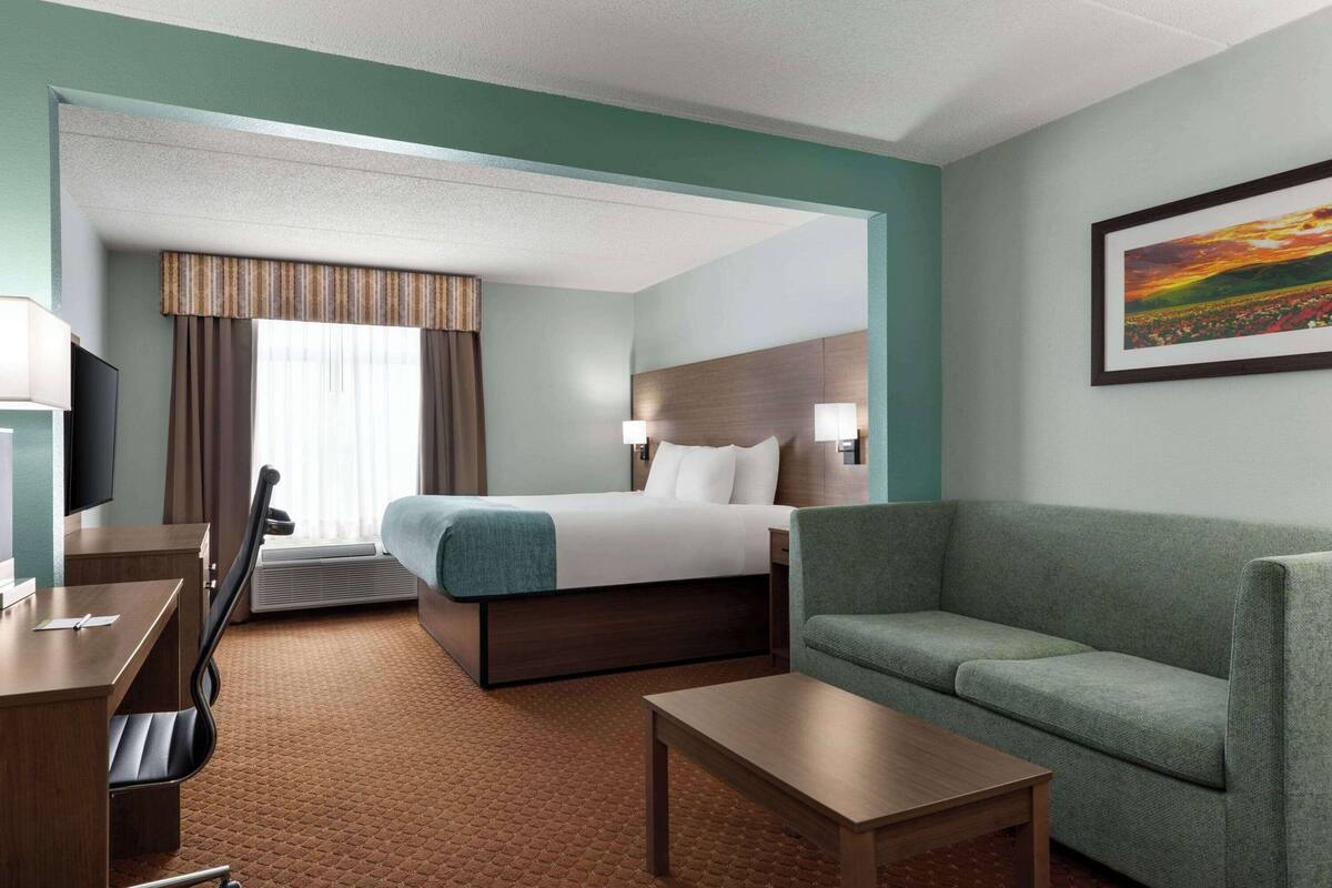 Une chambre d’hôtel avec un lit, un canapé, un bureau et une télévision.
