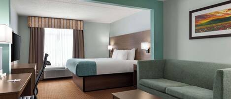 A hotel room with a bed, a sofa, a desk, and a TV.