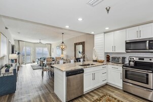 Two Bedroom Gulf Front Condo, Beach Chairs Included | Private kitchen | Fridge, microwave, oven, stovetop