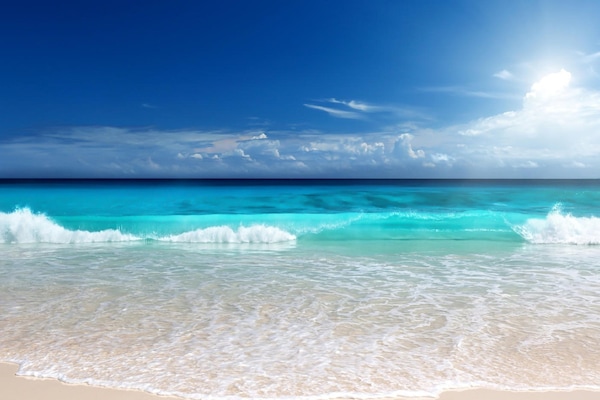 On the beach, white sand, beach umbrellas, surfing