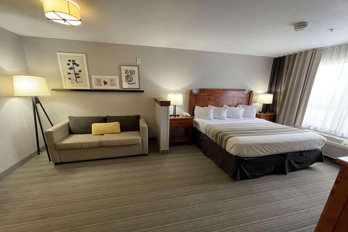 A hotel room with a bed, a sofa, a nightstand, a lamp, and wall art.