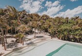 A clear blue pool surrounded by palm trees and a sandy beach.