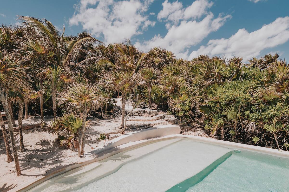 Piscina azul cristalina rodeada por palmeiras e uma praia arenosa.