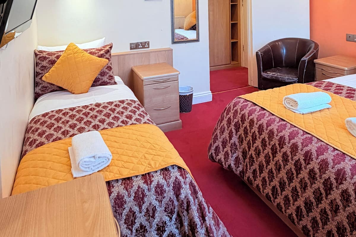 A hotel room with two beds, a TV, a mirror, a chandelier, and a wardrobe.