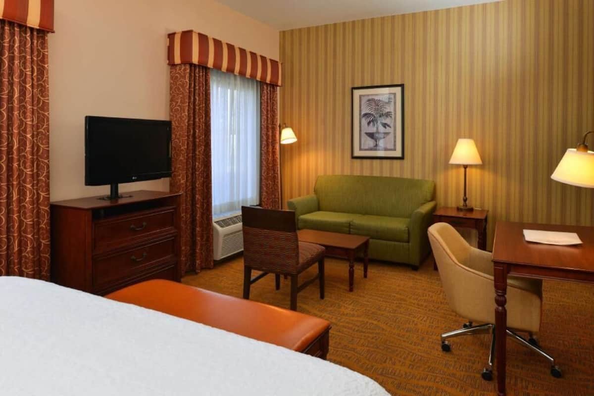 A hotel room with a bed, a television, a green sofa, a desk with a lamp, and a framed picture on the wall.