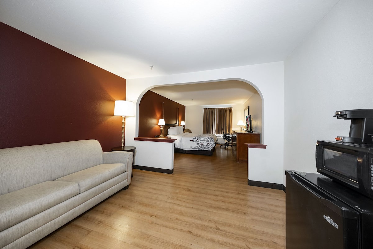 1 bedroom, desk, blackout drapes, iron/ironing board