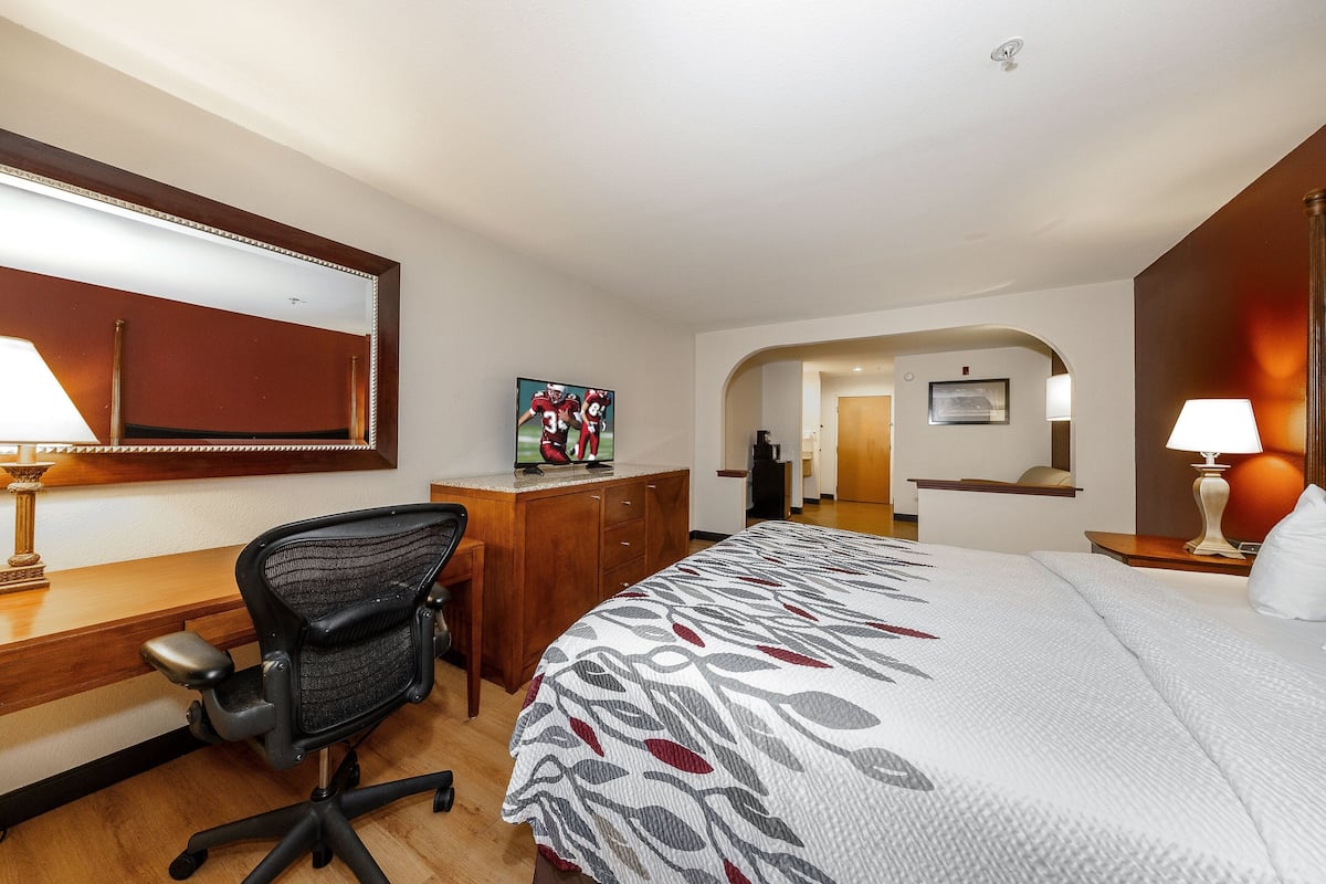 1 bedroom, desk, blackout drapes, iron/ironing board