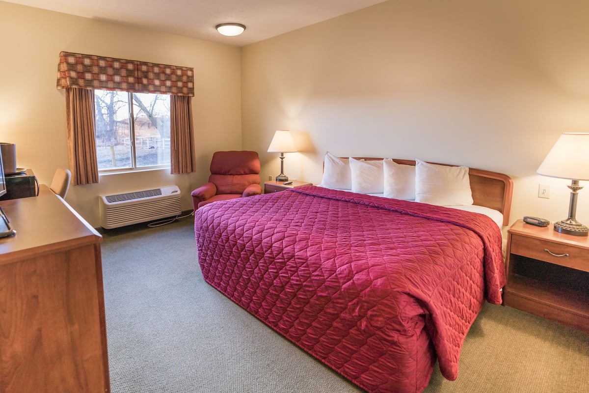 A hotel room with a bed, a desk with a television, a chair, a heater, and two bedside lamps.
