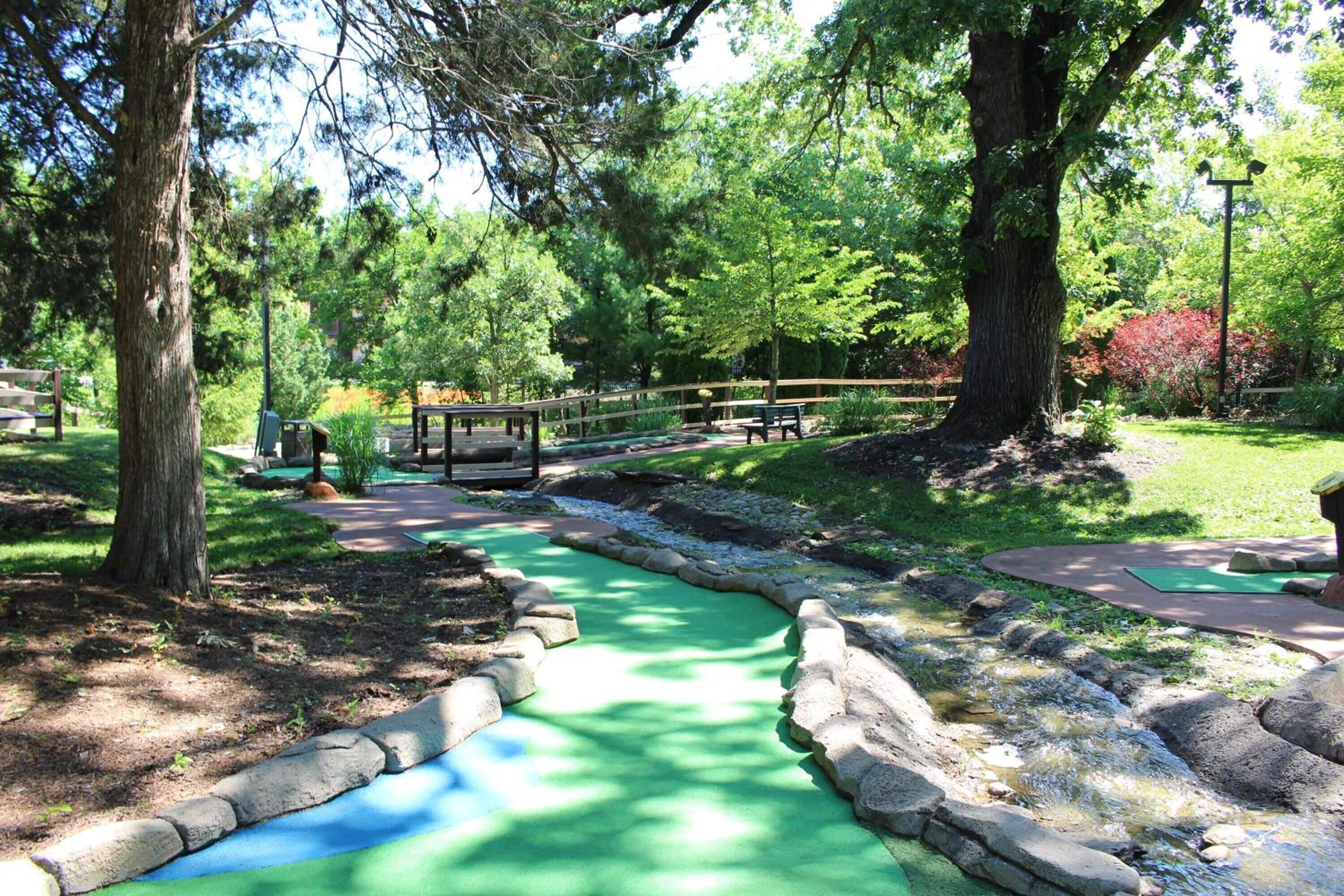 Un parque con un pequeño arroyo, un puente de madera y mesas de picnic.