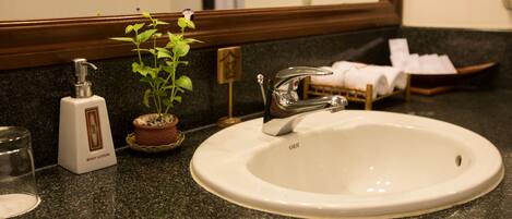 A bathroom sink with a mirror above it, a soap dispenser, a small potted plant, and a towel rack.