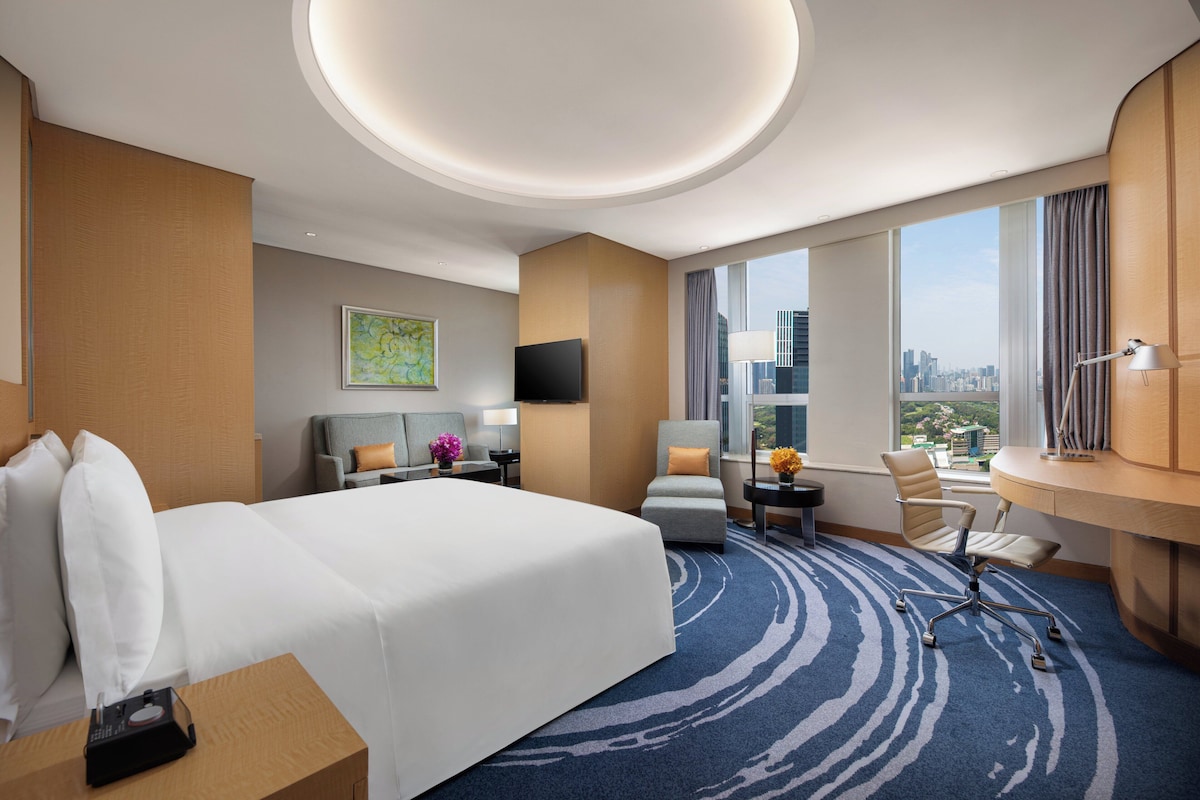 Habitación de hotel con una cama grande, un escritorio con una silla, televisión y vistas a la ciudad.
